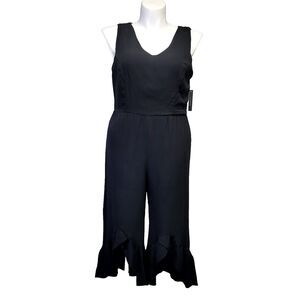 Lily Black Womens L Black Crepe Poly Jumpsuit Sleeveless Ruffle‎ Hi-lo Leg Hem